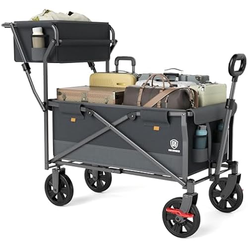 EVER ADVANCED Collapsible Push & Pull Shopping Cart with Wheels & Brakes, Foldable Wagon for Groceries with Practical Basket, Side Pockets & Cup Holders, Beach Utility Rolling Cart for Camping, Grey