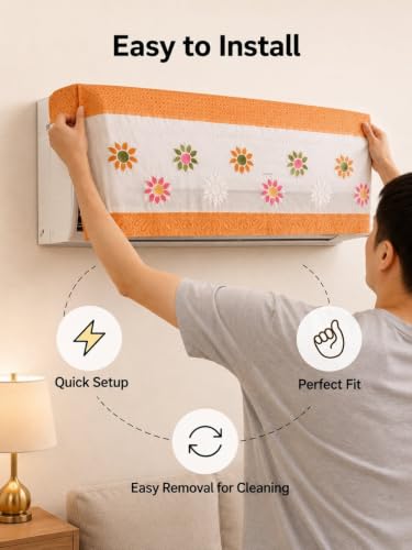 Image of Premium Cotton Net Split AC Cover for 1.5 Ton Indoor Unit | Designer Summer AC Dust Protection Cover | Stylish Protective AC Cover | 38 x 15.35 x 7.8 In | Orange Flower