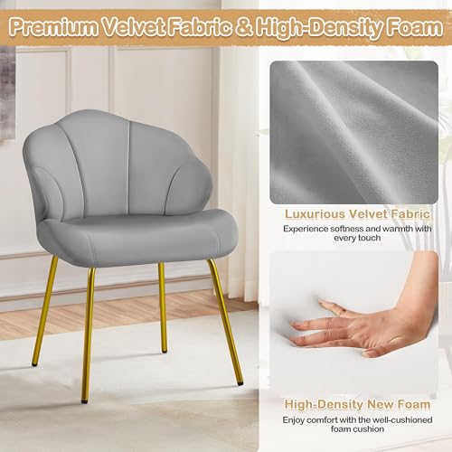 Image of Yaheetech Vanity Chair, Velvet Accent Chair with Shell-Shaped Backrest, Modern Armchair with Gold Metal Legs for Dressing Room /Bedroom /Living Room, Light Gray