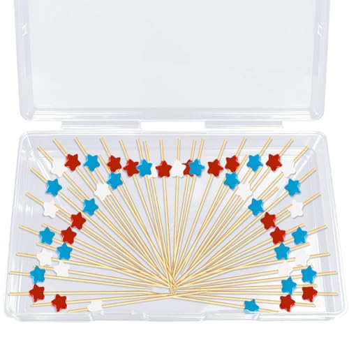PEOUWNES 100 Pcs 4.7 Inch Red White Blue Star Cocktail Picks Bamboo Toothpicks for Appetizers Sandwich Fruit Skewers Cake Dessert Barbecue Food Drinks Independence Day Party Decorations