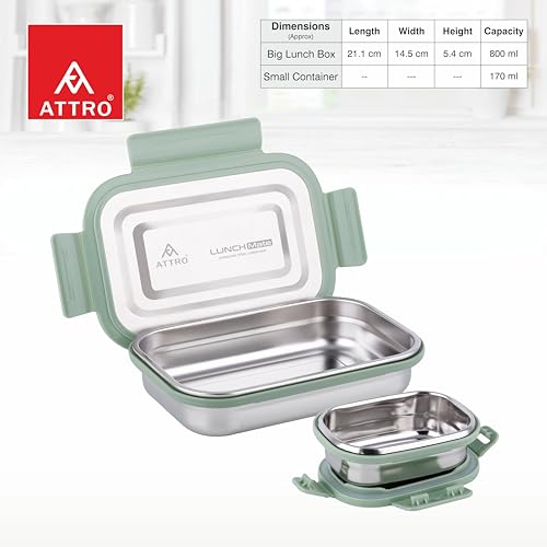 Image of ATTRO Lunchmate Stainless Steel Airtight Leak-Proof Lunch Box for Office, School, Picnic, 800 Ml - Green