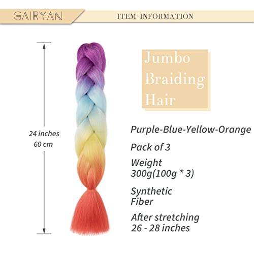 Gairyan Braiding Hair Extensions Ombre Jumbo Braids Synthetic Hair 3 Packs 24 inches 300g Coloured Hair for Braiding Extensions Box Braids Crochet Twist (Purple-Blue-Yellow-Orange) - Image 2