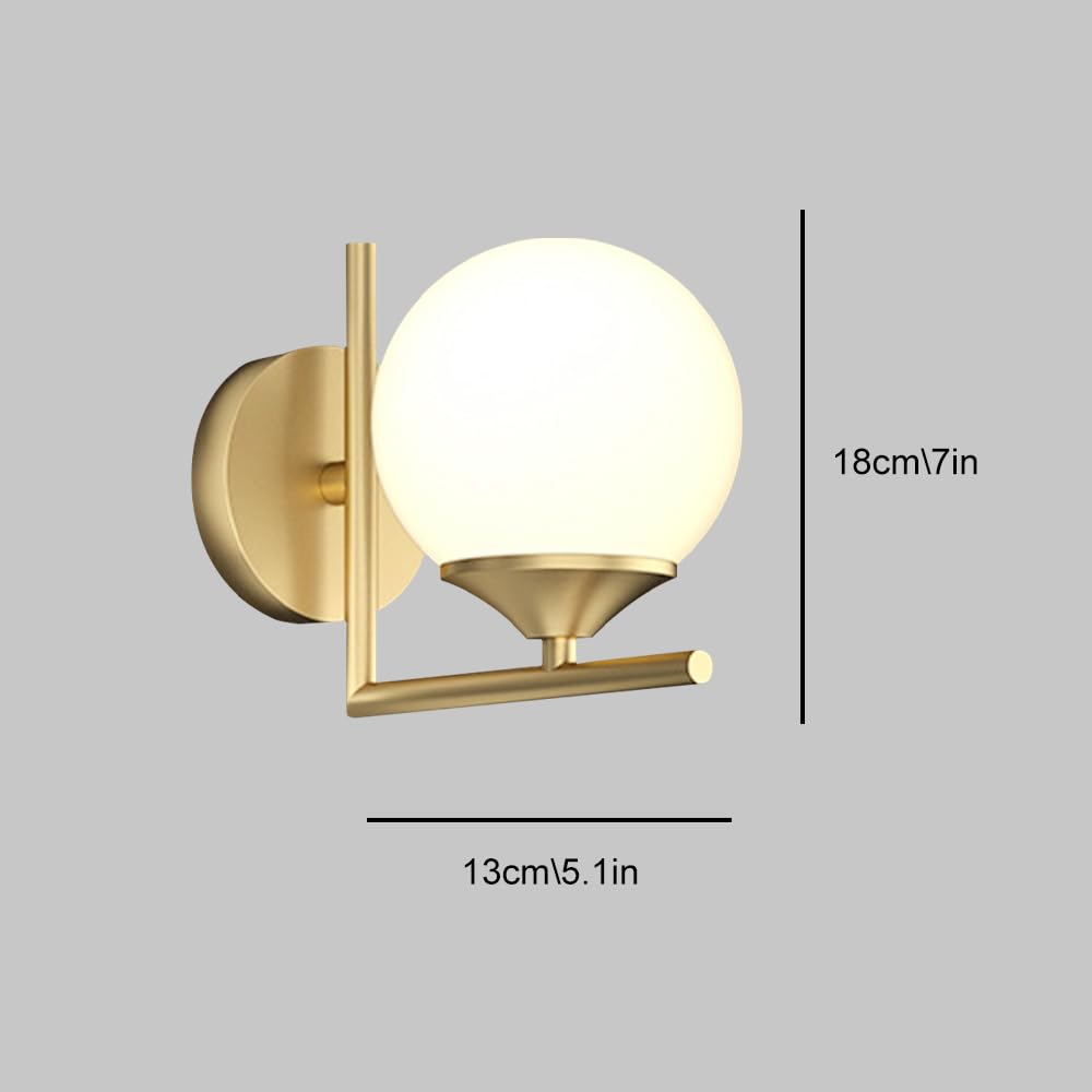 Applique da Parete per Bagno Interno, Lampada da Parete in Vetro Industriale Vintage in Ottone, Illuminazione da Parete cablata con Paralume in Vetro a Globo Bianco Latte per Comodino da Camera d