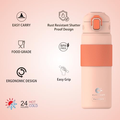 Image of Clay Craft VACBOTT Amber Double Walled 18 Hours Hot and 24 Hours Cold Water Bottle-700ML, 2-Piece(Peach) Leak Proof|Easy to Carry|Gym Bottle|Home|Kitchen|Hiking|Travel Bottle|BIS Certified