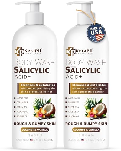 KERAPIL Exfoliating Body Wash with Salicylic Acid - No Dry Out, Gentle Exfoliates Rough and Bumpy Skin, Body Acne Wash, BHA & AHA - Coconut and Vanilla Salicylic Acid Body Wash - (16 fl oz x 2)