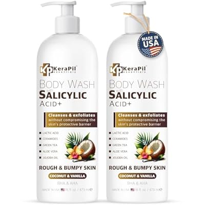 KERAPIL Exfoliating Body Wash with Salicylic Acid - No Dry Out, Gentle Exfoliates Rough and Bumpy Skin, Body Acne Wash, BHA & AHA - Coconut and Vanilla Salicylic Acid Body Wash - 16 fl oz x 2