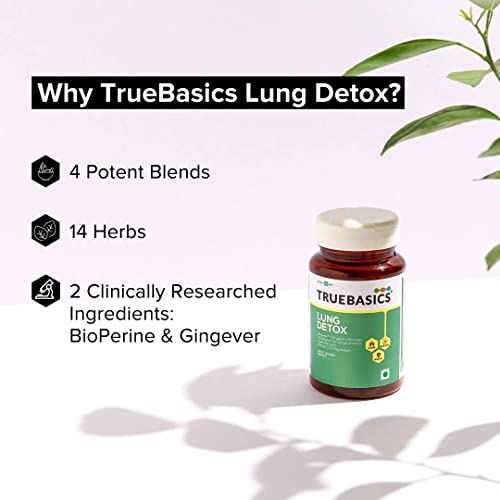 Image of TrueBasics Lung Detox Supplements, 100% Natural Herbal Blends, Vitamin C, K2 and Magnesium, Lungs Cleaner for Detoxification and Immune Defence, Clinically Researched Ingredients, 30 Veg Tablets