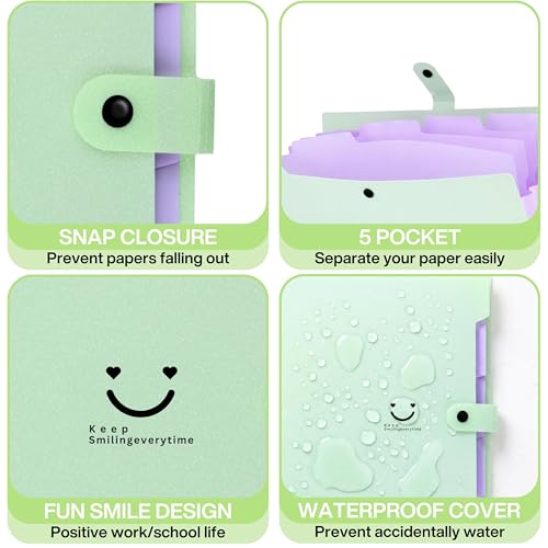 Image of SPS 5 Pocket Expanding File Folder Smile Design - Fits A4 & Letter Size Document Organizer, Accordion File Folders, File for Office, Portable File Organizer, School & Home - Pastel Lavender & Green