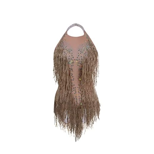 YUANTONG Gold Sparkly Rhinestone Bodysuit For Women Fringe Top Dance Leotard Drag Queen Costumes Outfit