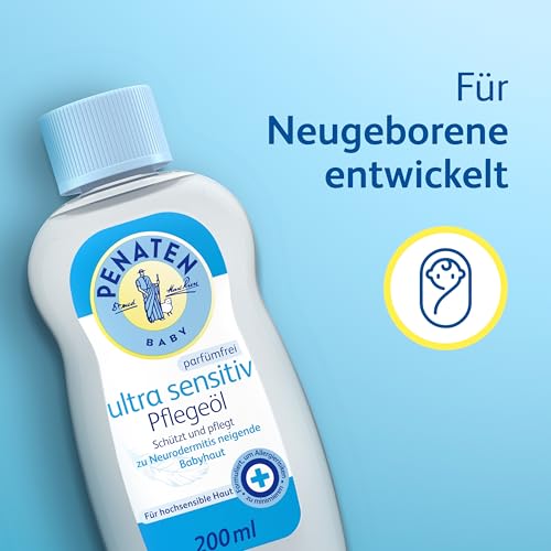 Penaten Ultra Sensitiv Pflegeöl 200 ml, schützendes Baby Massageöl und parfümfreies Babyöl für hochsensible, zu Neurodermitis neigende Babyhaut