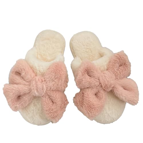 Loizziuy Women's Bow Slippers Fuzzy Cotton Slippers Cute Cotton All Seasons Indoor Home Anti-slip Warmth with Fluffy