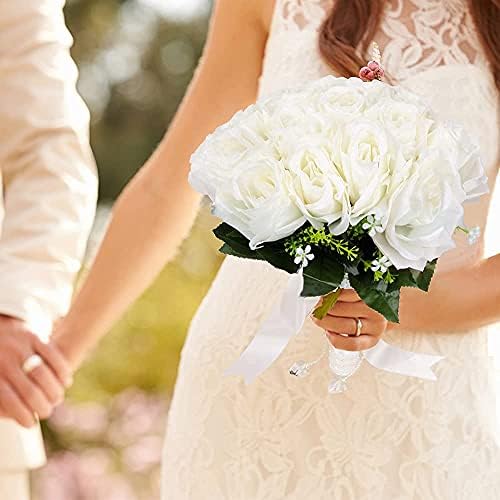Bridal Bouquet Artificial Wedding Bouquets Rose Flower with Silk Ribbon and Rhinestone, Bridesmaid Bride Holding Bouquet Wedding Flowers for Wedding Party Engagement Decoration Photo Shooting