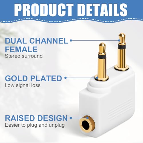 AXFEE Airplane Flight Headphone Adapters, 2 Pack Gold Plated 3.5mm for Headphones, Earphone Socket Adaptor, Stereo Aux Jack, White - Image 2