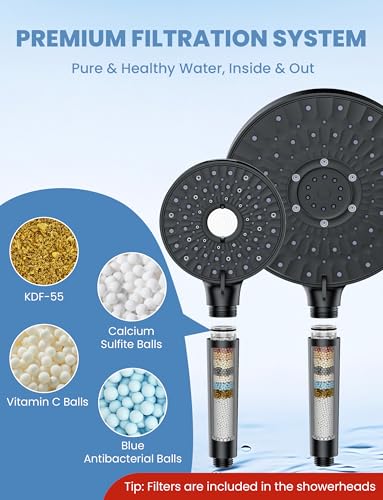 Image of Filtered Shower Head Handheld Mother-Child Large Arm Combo, High Pressure 10-Spd Detachable Chrome Showerhead w /Stainless Hose, Water Softener Beads Hard Water - Remove Chlorine, Black
