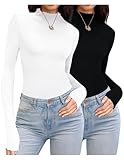 Ekouaer Thermal Turtleneck Shirt Women Ribbed Long Sleeve Mock Neck Tops Slim Fit Lettuce Trim Base Layer Black/White