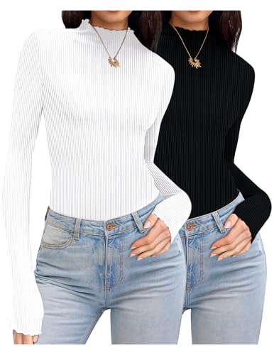 Ekouaer Thermal Turtleneck Shirt Women Ribbed Long Sleeve Mock Neck Tops Slim Fit Lettuce Trim Base Layer Black/White
