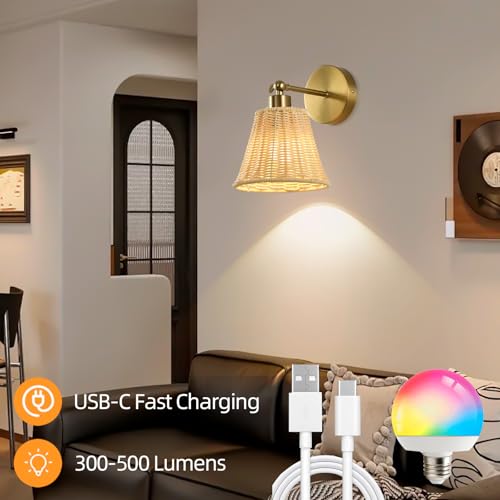 Image of Battery Operated Wall Sconce Set of Two, Rechargeable Wall Sconces with Remote RGB 15 Colors Dimmable, Farmhouse Boho Wall Lights for Bedroom Living Room Entryway