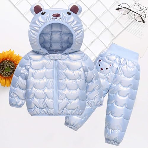 Baby Boys Girls Snowsuit 2 Piece Bear Ear Hooded Puffer Down Jacket and Elastic Waist Snow Pants Winter Sets2