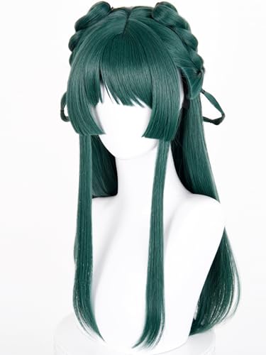 Image of Half and Half Maomao Cosplay Wig + Braid Hair Clips, 22.8'' Long Straight Dark Green Anime Wigs with Bangs for Women Halloween Party Daily