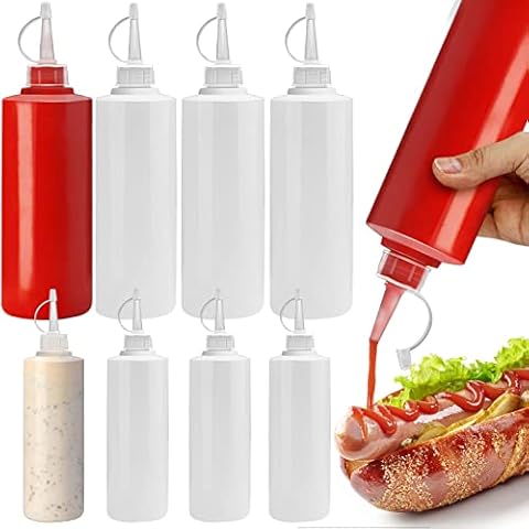 8 Pcs Plastic Squeeze Bottles with Cap Lids, Ketchup Bottles Condiment Bottle Dispenser Multi Purpose Squeeze Bottle for Ketchup Soy Sauce Salad Dressing (200ml and 400ml, 4 Pieces of Each) Cover