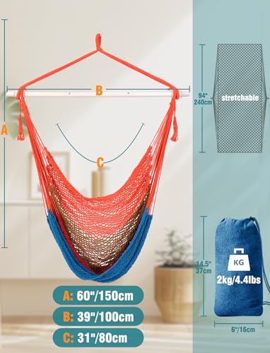 Image of Chihee Handwoven Hammock Chair 7.9ft Detachable Strong Metal Spreader Bar | Stretchy Cotton Blended Rope Large Hanging Chair Ventilated Mesh Swing Seat Color Blocking Portable Carry Bag Indoor Outdoor