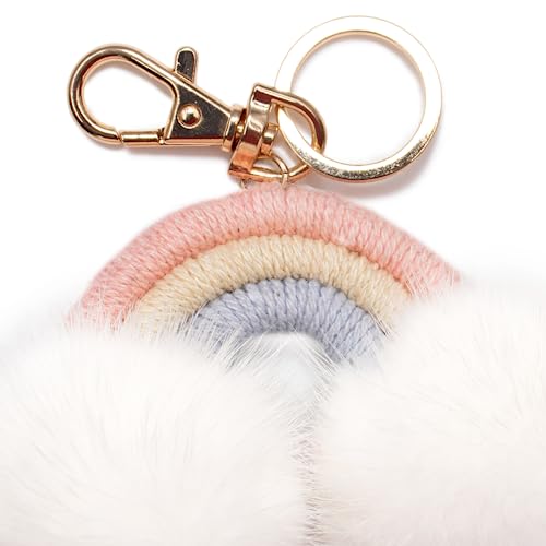 Surell Rainbow Keychain With Mink Fur Pom Clouds - Colorful Cute Keychain For Girls - Luxury Bag Charm - Pastel Rainbow Key Chain - Fluffy Pompom Keychain #TOP1