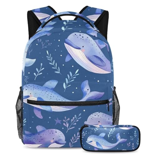 Cartable sac à dos et trousse imprimé baleine de l'océan