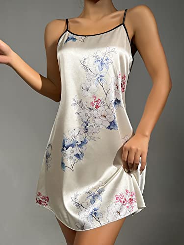 Makemechic Women's Satin Slip Nightgown Floral Print Silk Cami Nightdress Sleepwear Beige M #TOP2