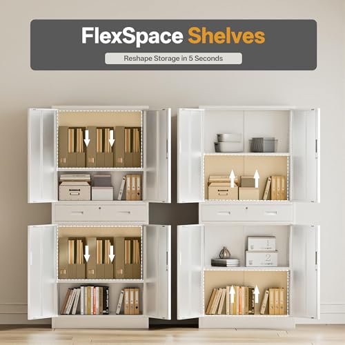 Image of Metal Storage with 1 Drawer, 71 inch Cabinet with 4 Locking Doors and 2 Adjustable Shelves, Steel Storage File Cabinet for Pantry, Kitchen, Office, Garage (White)