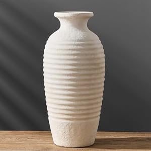 Ceramic Natural Rustic Vase Large Vintage Flower Vase 144 Inch Threaded Decorative Vase Farmhouse Tall Vase for Home Decor Living Room Shelf Decor Wedding Housewarming Gift Off White