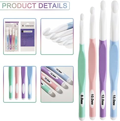 4 Pieces Crochet Hooks Set, Ergonomic Crochet Hook 8mm 10mm 12mm 15mm, Plastic Starter Crochet Set, Pointed Crochet Hooks with Soft Handle for Lace and Thin Yarn