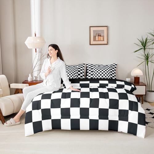 Image of Erosebridal Checkered Full Comforter Set 7 Piece Black and White Buffalo Plaid Bedding Sets for Kids Boys Teen Men,Geometric Grids Gingham Bed in A Bag with Sheets Modern Bed Set Bedroom Decor