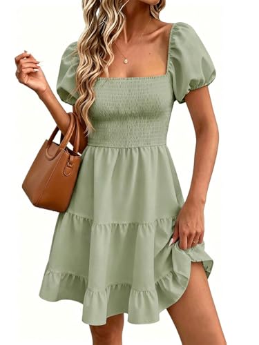 Image of Wenrine Womens Puff Sleeve Babydoll Dress Summer Floral Square Neck Smocked Casual Off Shoulder Ruffle Boho Mini Dresses