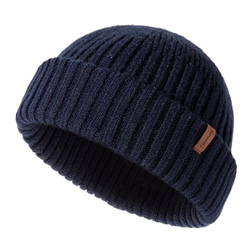 Comhats Fischer Mütze Herren Wollmütze Kurz Docker Haube Trawler Fisherman Beanie Hat Damen Merino Wolle Strick Winter Cap Großer Kopf Ski M/L Marineblau