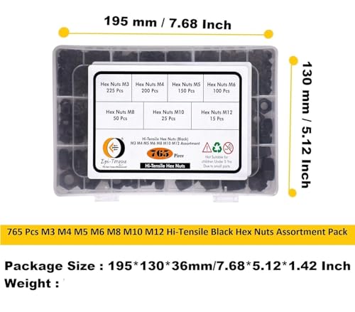 Image of Hi Tensile Black Hexagonal Nuts 7 Sizes M3, M4, M5, M6, M8, M10, M12 Assortment Pack of 765 Pcs with Storage Box