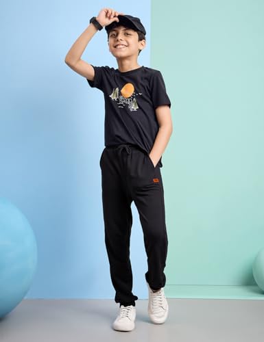 Image of Amazon Brand - Jam & Honey Boys 100% Cotton Solid Print Mid Rise Track Pants (Joggers) and t-Shirt, Black + Black, 9-10 Years