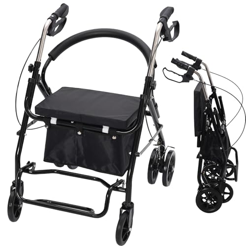 Lightweight Folding 6 Wheels Rollator Walker with Padded Seat for Seniors,Lockable Brakes,Removable Back Support,Height Adjustable Handles,Carry Bag,Walking Frame,Walking Aids for The Elderly,Black