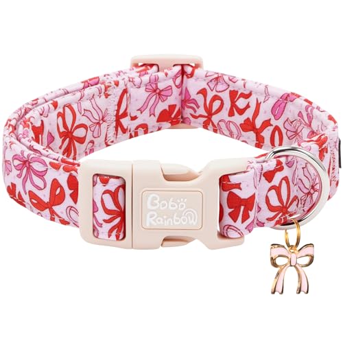 Image of Dog Collars, Cute Pink Bow Print Pet Collar Holiday Durable Adjustable Pendant Gift Collar with Quick Release Plastic Buckle for Large Dogs
