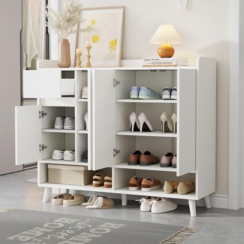 PUGSDRLY Meuble à Chaussures avec Étagère Réglable,4 Portes,Tiroir,Meuble Entree,Etagere Chaussure,Buffet Moderne,Commode pour Entrée,Salon,Blanc(F, Blanc)