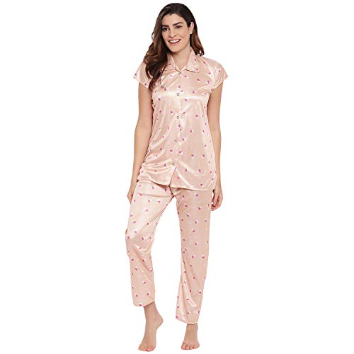 Image of Printed Night Suit for Women - Printed Satin Shirt and Pyjama Set (Front Open Collar Night Suit)