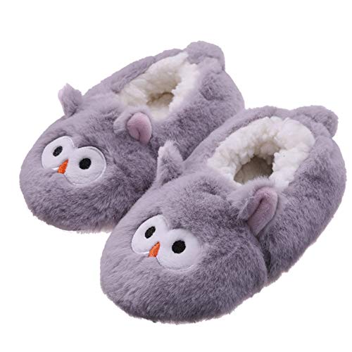 FANZERO Toddler Kids Girls Boys Cute Cartoon Animal Soft Warm Plush Lining Non-Slip Slippers Winter House Shoes Gray Owl,7.5 M US Toddler