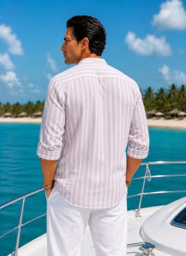 Image of Majestic Man Men's Pure Cotton Striped Mandarin Collar Regular Fit Roll-Up Sleeves Short Kurta