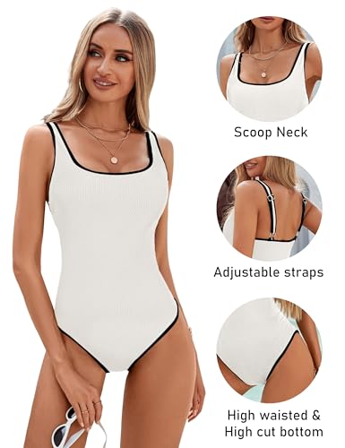 Image of BMJL Women's One Piece Swimsuit Sports Adjustable Strap Bathing Suit Color Block Ribbed High Cut Swimsuits