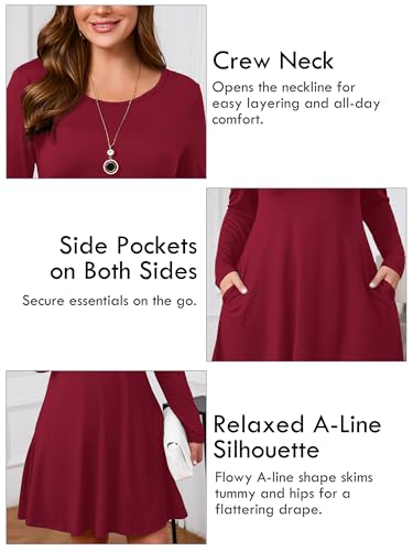 Image of AusLook Women's Plus Midi Dress Long Sleeve Crew Neck A-Line Swing Flowy Vacation Fall Wedding Guest Dresses with Pocket 1-5X