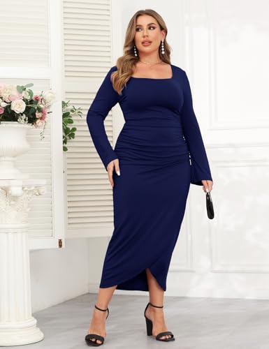 Image of ZOMVA 2024 Plus Size Cocktail Dress Comfortable Bell Sleeves Wedding Guest Square Neck Semi Formal