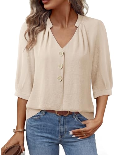 Timeson Business Casual Tops for Women: Versatile Chiffon 3/4 Sleeve Ladies Tops and Blouses Office Work Commute - Womens Dress Shirts Professional Formal V Neck Beige Interview Clothes Spring Wear L