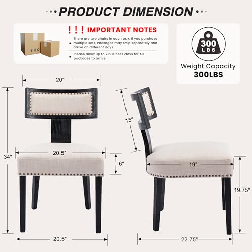 Image of HNY Mid Century Modern Dining Chairs Set of 2, Farmhouse Linen Fabric Upholstered Accent Chairs Curved Nailhead Trim Backrest Kitchen Chairs, with Black Hardwood Frame, Beige