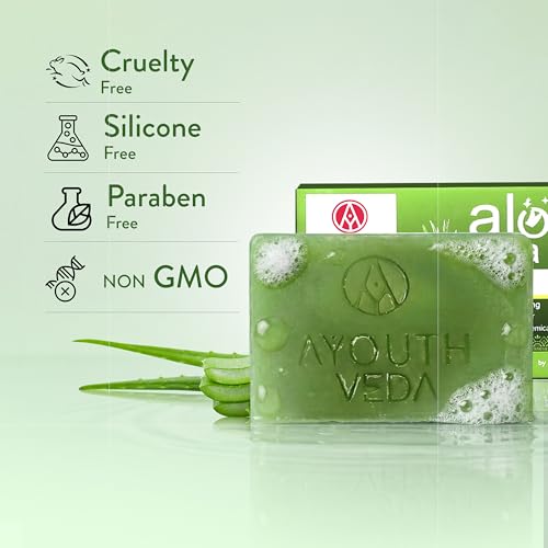 Image of Ayouthveda Aloe vera Soap with Aloe Extracts & Menthol for Gentle Cleansing, Hydration & Skin Comfort | Helps Soothe Irritation, Improve Texture & Maintain Moisture Balance | Refreshing, Non-Drying & Daily Use Bathing Bar | Suitable for Face & Body | 100g (Pack of 2)