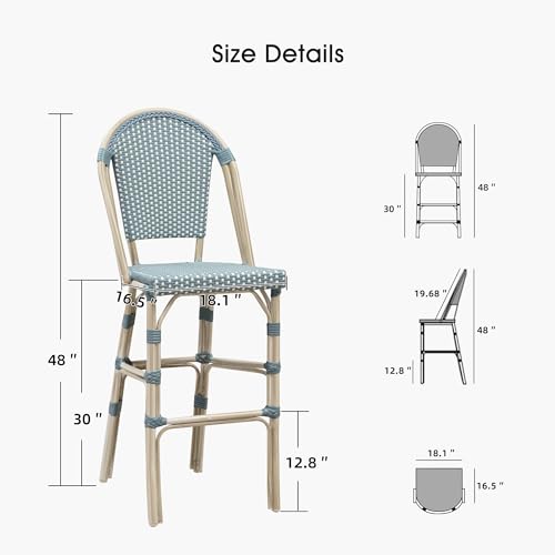 Image of PURPLE LEAF French Bar Stool Set of 2 White Print Finish Patio Bar Stools with Back Rattan Chairs Wicker Bar Height Stool 30 inch with Footrest Kitchen Island Stools Outdoor Barstool Light Blue