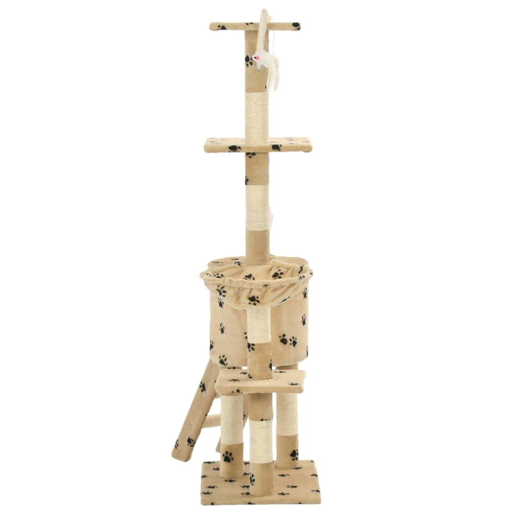 Árbol rascador para gatos con sisal y felpa, 138 cm, color beige con impresión de patas, árbol de escalada estable con barril rascador, plataforma de observación y cómoda cueva para gatos